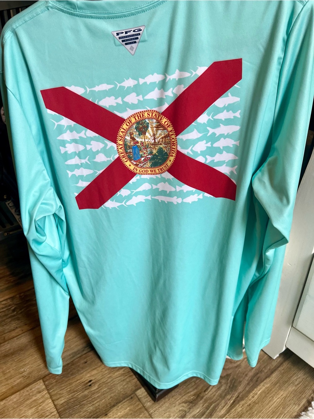 PFG Performance Long Sleeve Tee - Seafoam with Red & White Flag Graphic SPF larg